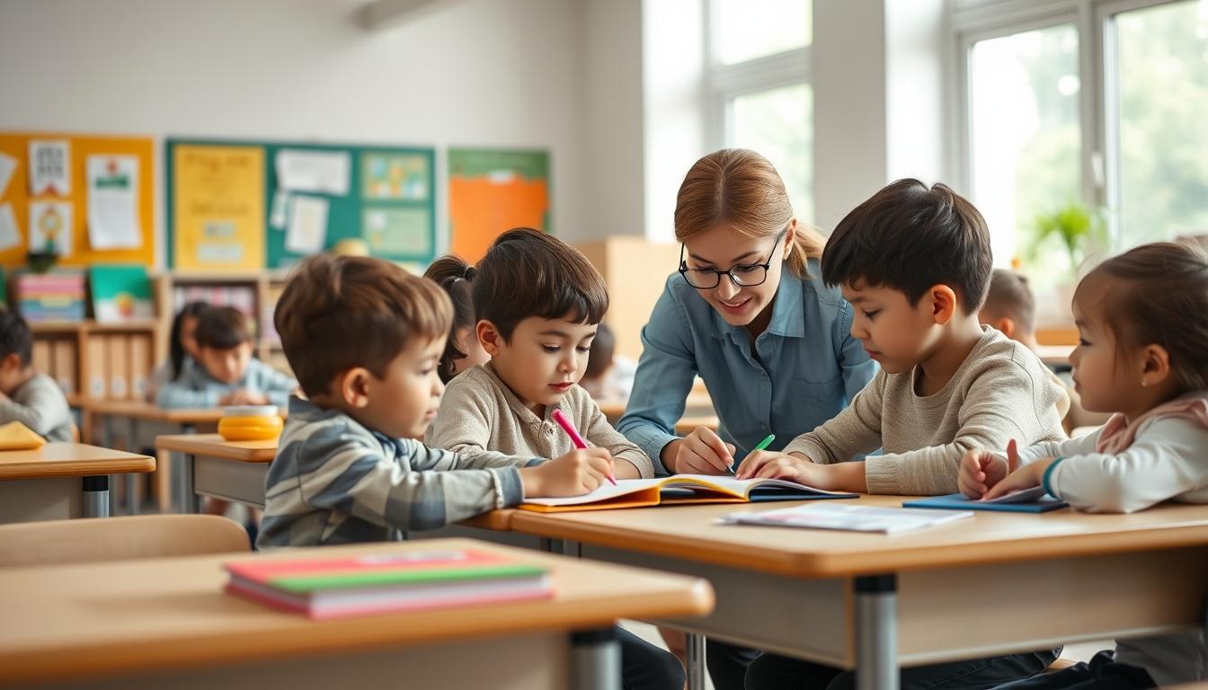 Students studying together in modern classroom